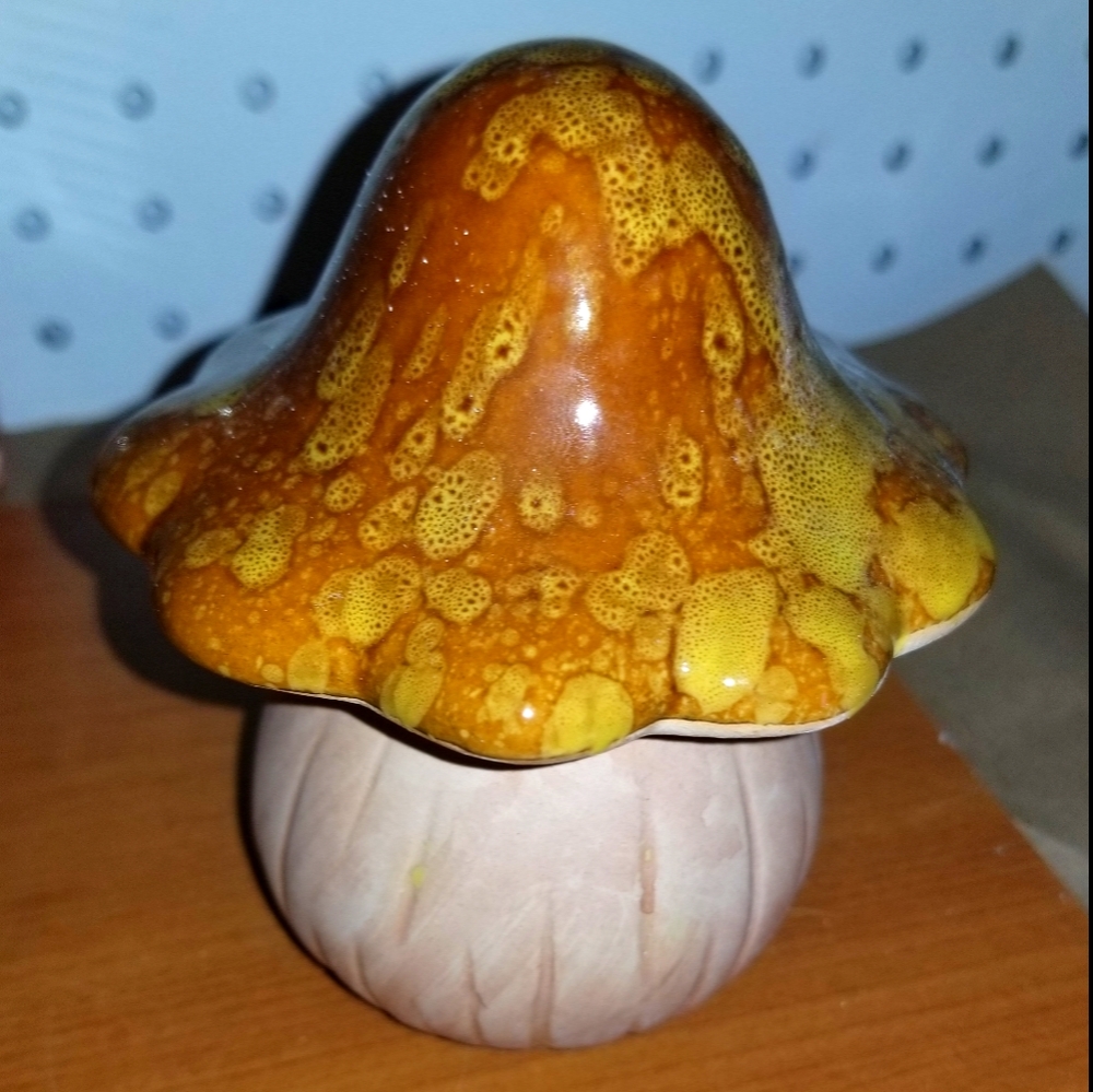 Yellow Glazed Mushroom Toadstool Ceramic Figurine